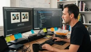 Man working at a two monitor workstation code editor on the right and photo editing on the left with sticky notes and books on the desk