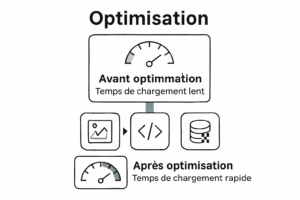 Diagram of optimisation before slow loading after fast loading with image code and database icons under a gauge label French text