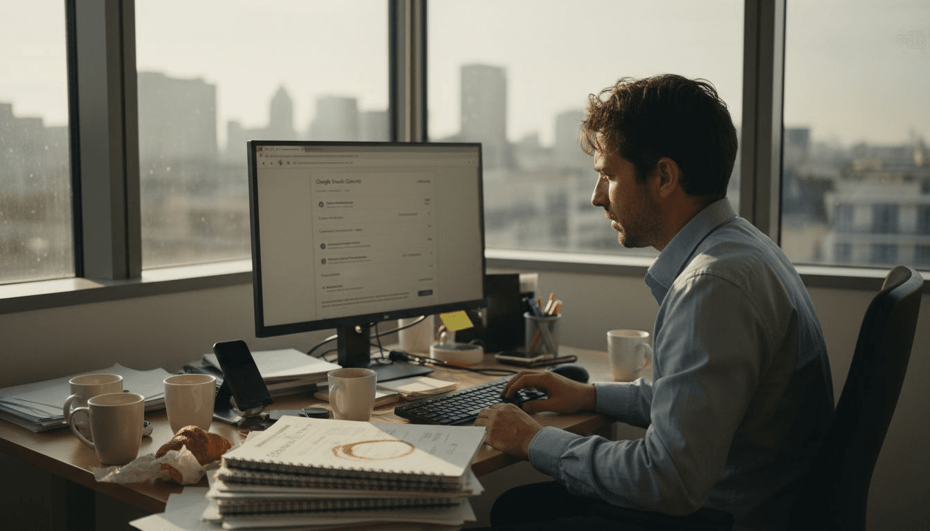 Le dirigeant d’une petite entreprise vérifie si son site est bien référencé sur les moteurs de recherche.