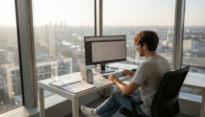 Dans un bureau lumineux un webdesigner saffaire à mettre à jour son site internet