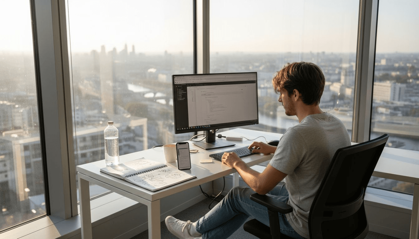 Dans un bureau lumineux, un webdesigner s’affaire à mettre à jour son site internet.