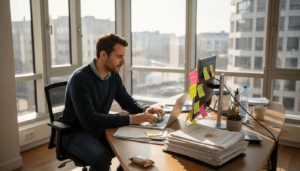 Un expert SEO concentré devant son ordinateur en train détudier attentivement les statistiques et les performances des sites web