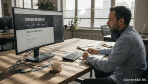 Un développeur web en pleine configuration de son site internet installé à son bureau