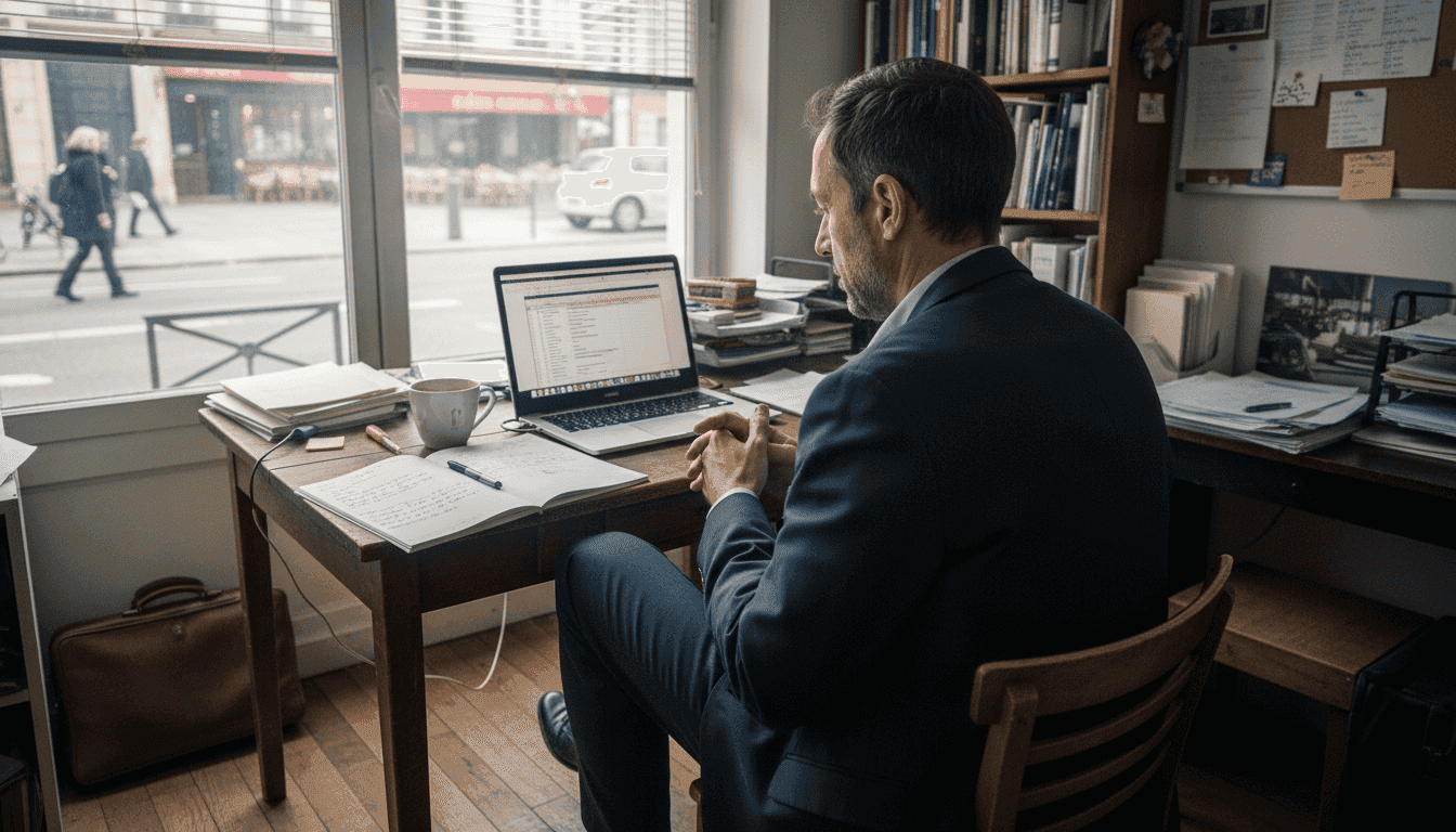 Un chef d’entreprise de PME en train de consulter les avis et la réputation de sa société sur Internet