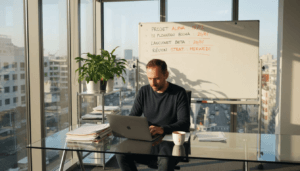 Un dirigeant de PME en train détudier les performances SEO de son entreprise dans son bureau