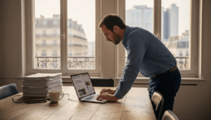 Un professionnel élabore la stratégie de ses pages datterrissage depuis son bureau