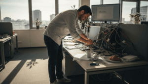 Un technicien informatique intervient dans un espace de coworking pour sassurer du bon fonctionnement des postes de travail des petites entreprises