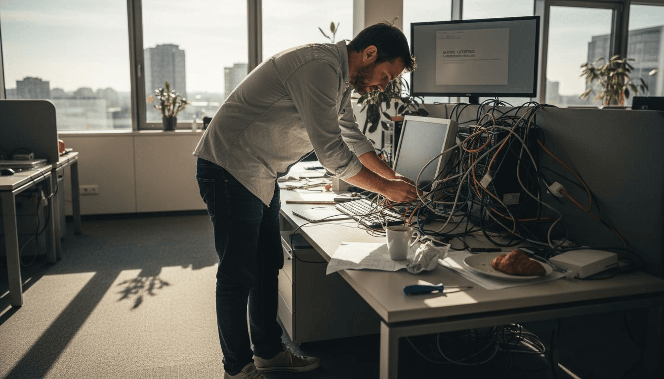 Un technicien informatique intervient dans un espace de coworking pour s’assurer du bon fonctionnement des postes de travail des petites entreprises.