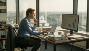 Dirigeant de PME en pleine réflexion devant son bureau pour choisir les outils numériques les plus adaptés à son entreprise