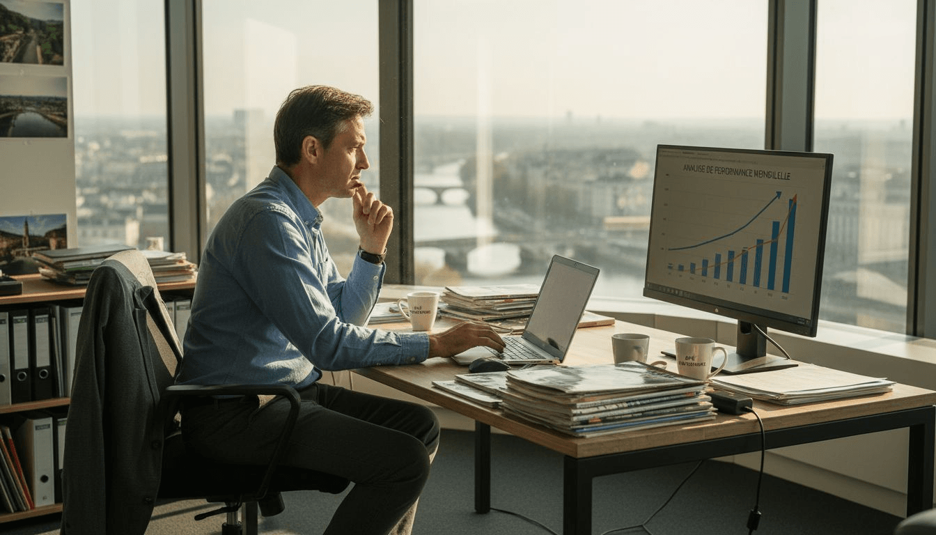 Dirigeant de PME en pleine réflexion devant son bureau pour choisir les outils numériques les plus adaptés à son entreprise.