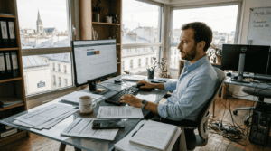 Un consultant SEO analyse le site web dune entreprise depuis son bureau en centre ville