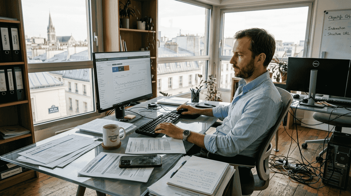 1773118238695SEOconsultantreviewingwebsiteincityoffice ITPascaud Un consultant SEO analyse le site web dune entreprise depuis son bureau en centre ville