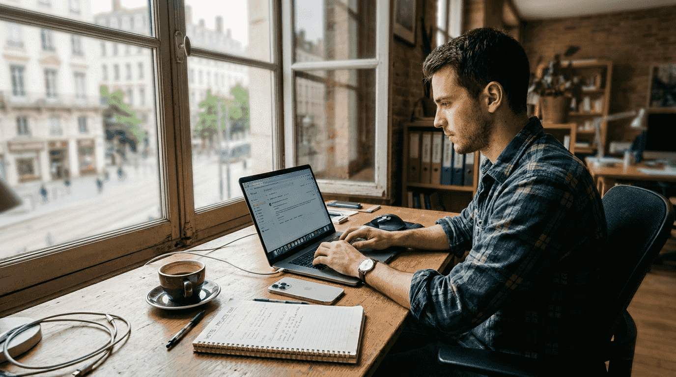 1773285369606Chefdentreprisedansbureaulumineuxavecordinateurportable ITPascaud Un dirigeant dentreprise installé dans un bureau baigné de lumière concentré sur son ordinateur portable