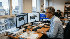Un professionnel en pleine séance de veille digitale devant son ordinateur dans un environnement de bureau