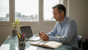 Un chef dentreprise de PME en pleine gestion de ses affaires sur son smartphone installé à son bureau