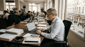 Un chef dentreprise de PME en pleine consultation de son site internet depuis son bureau