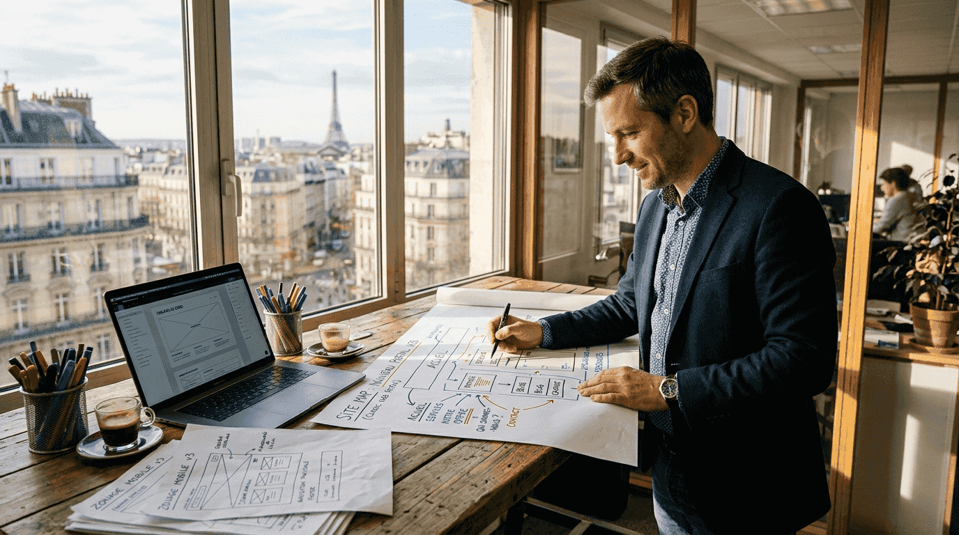 Le chef de projet web passe en revue les maquettes du futur site.