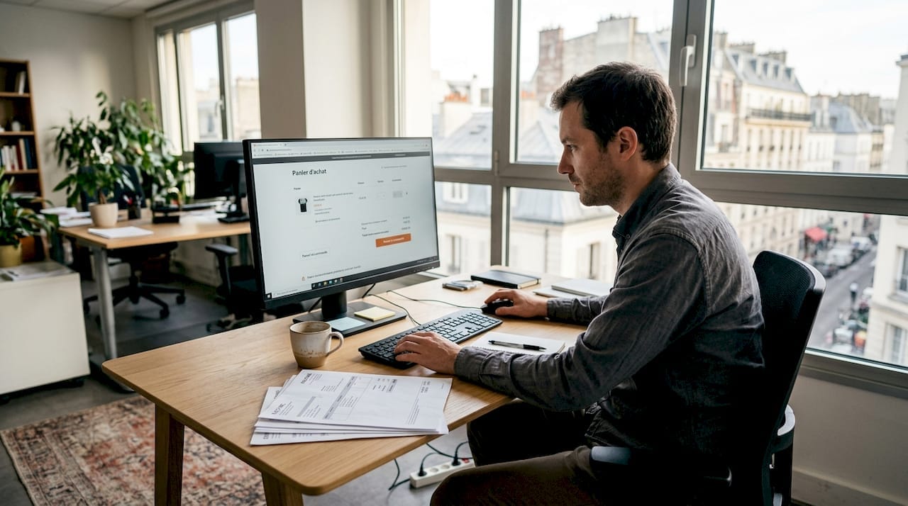 Dirigeant de PME explorant les fonctionnalités d’une boutique en ligne