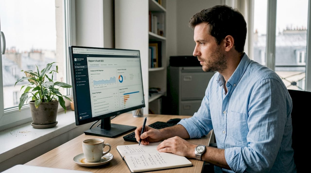 Un consultant en marketing digital réalise un audit SEO pour une petite entreprise dans son bureau.