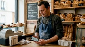Un boulanger utilise son smartphone pour trouver des informations sur les commerces à proximité