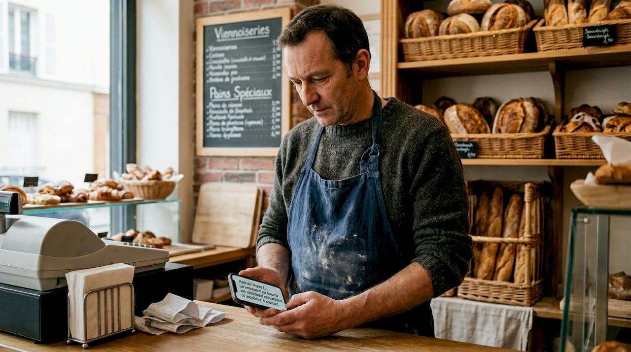 Un boulanger utilise son smartphone pour trouver des informations sur les commerces à proximité.