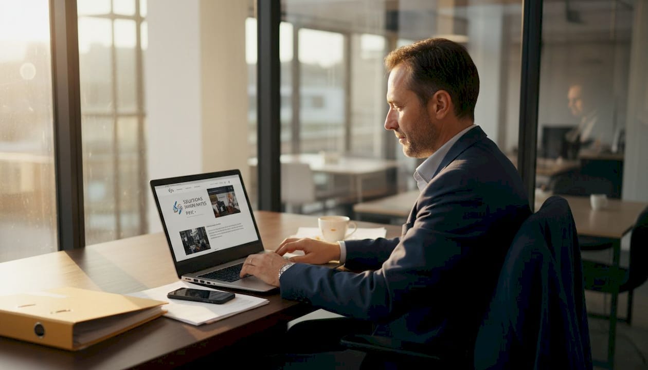 Un chef d’entreprise de PME en train de consulter le site internet de sa société sur son ordinateur.