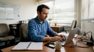 Un chef de PME travaille sur le référencement de son site web depuis son ordinateur