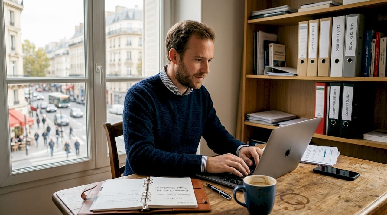 Un entrepreneur en pleine session de travail sur WordPress dans son bureau.