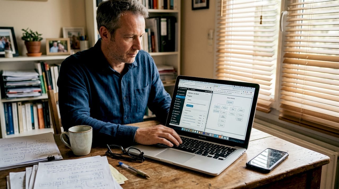 Un dirigeant de PME en pleine réflexion sur la création du sitemap, installé à son bureau.