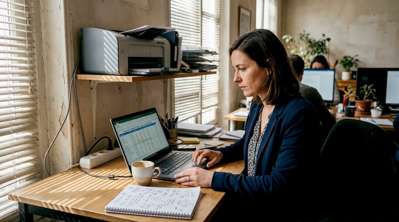 La fondatrice d’une PME passe en revue les différentes offres d’hébergement web directement depuis son bureau.