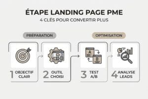 Infographie les 4 étapes pour convertir plus sur une landing page PME  objectif clair outil choisi test AB analyse leads 1 objectif clair 2 outil choisi 3 test AB 4 analyse leads