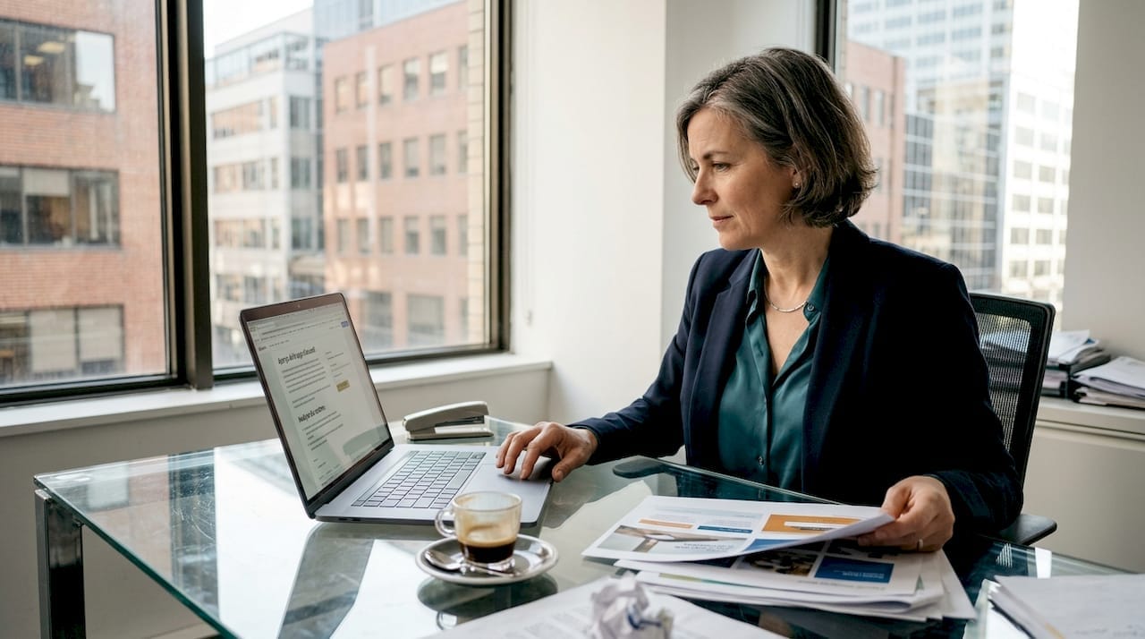 Dans son petit bureau, le dirigeant d’une PME passe en revue la page d’accueil de son site pour optimiser son impact.