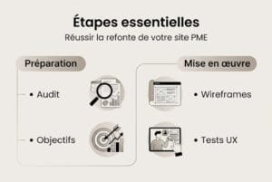 Infographie étapes essentielles pour la refonte dun site PME  Préparation Audit Objectifs et Mise en œuvre Wireframes Tests UX