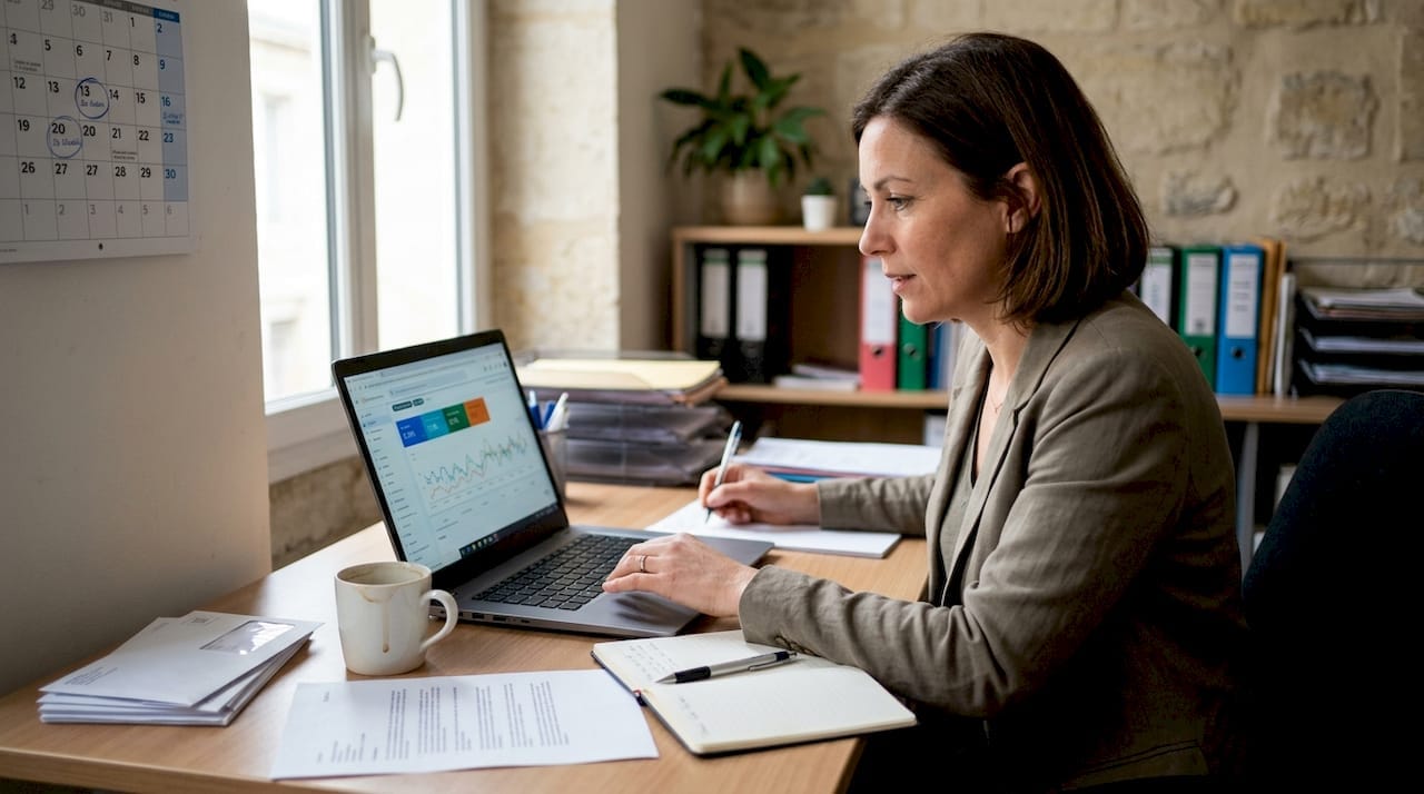 À son bureau une cheffe dentreprise de PME passe en revue les statistiques SEO de son site pour affiner sa stratégie digitale