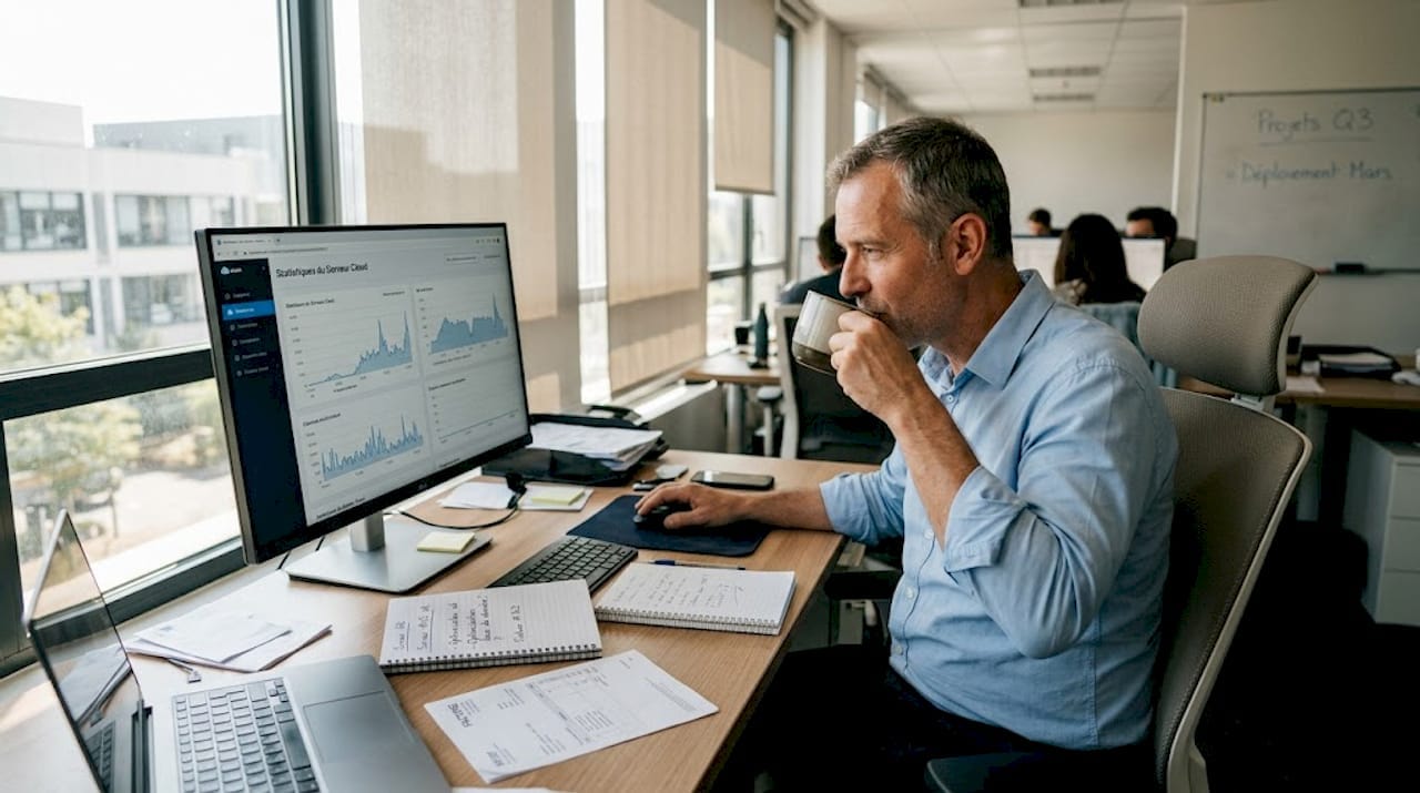 Un manager supervise les données stockées sur le cloud depuis son bureau
