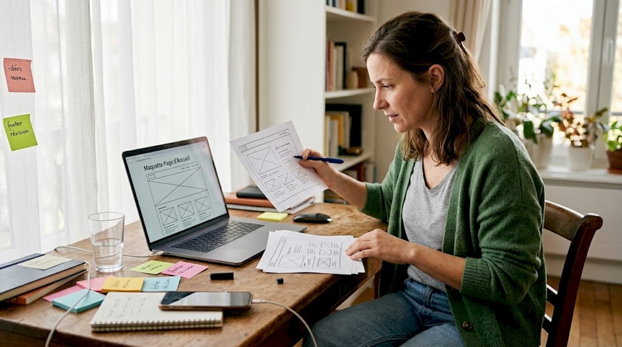 Une femme examine des maquettes de la nouvelle version dun site web installée à son bureau