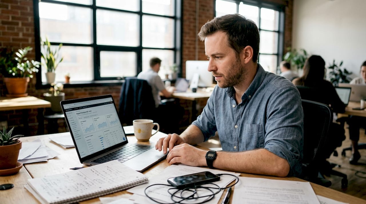 Un chef dentreprise à la tête dune petite société analyse les performances de son site sur les outils de suivi SEO