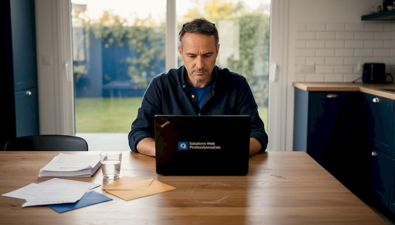 Entre deux préparations en cuisine une entrepreneure profite dun moment de calme pour mettre à jour son site internet