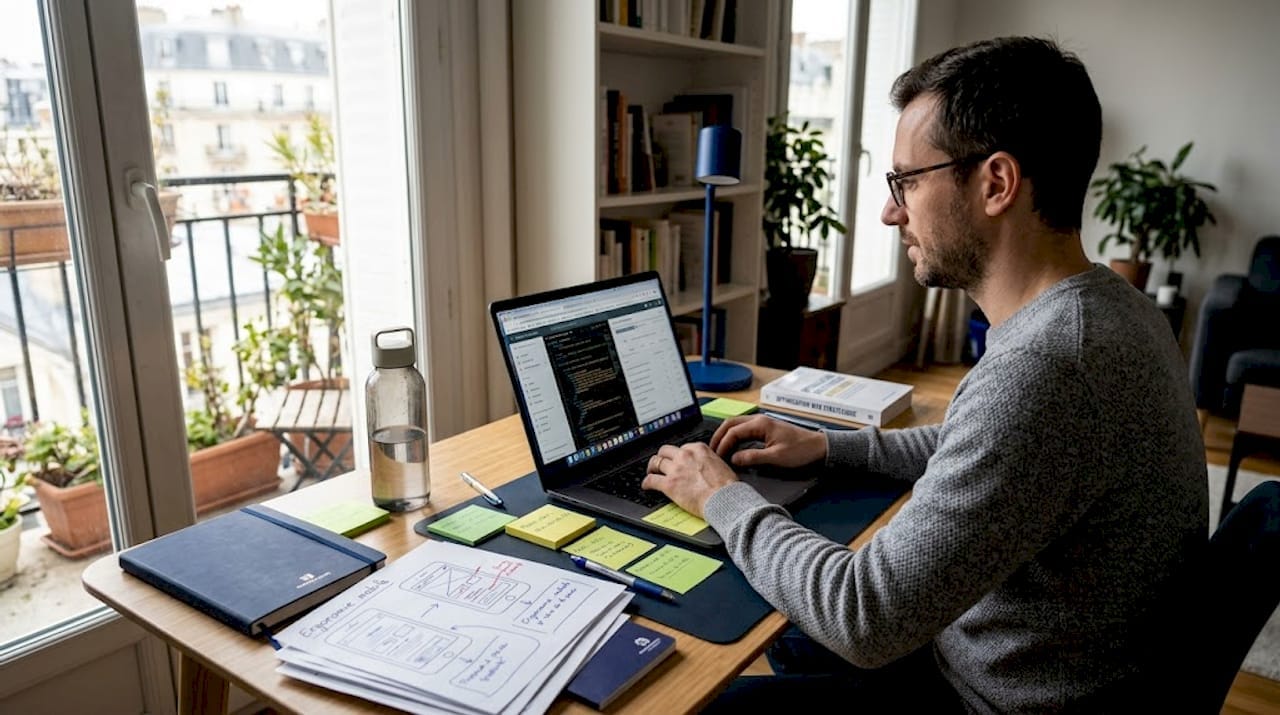 Un expert en référencement analyse attentivement le code dun site web installé devant son ordinateur