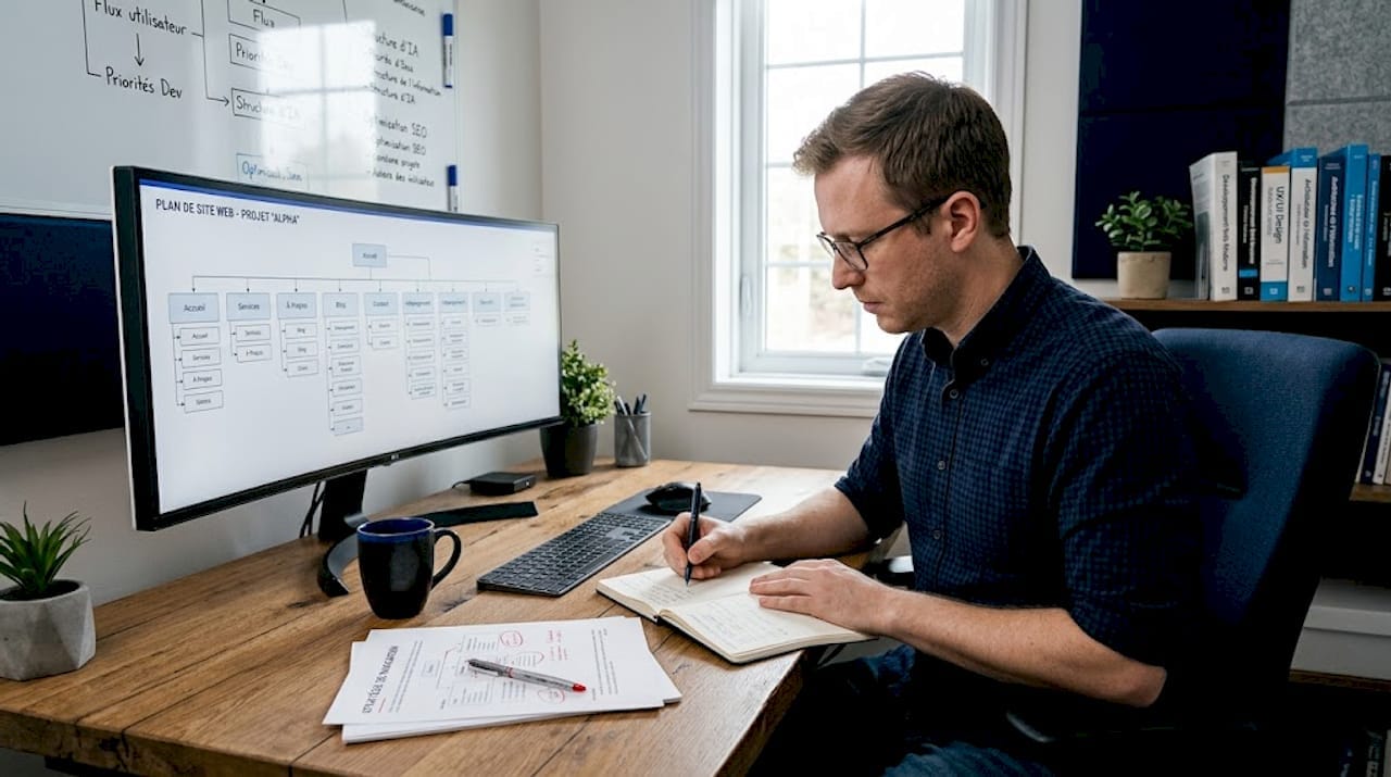 Un développeur web analyse la structure du site affichée sur son écran