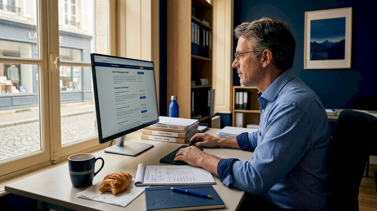 Un chef dentreprise à la tête dune petite société vérifie lhébergement de son site internet