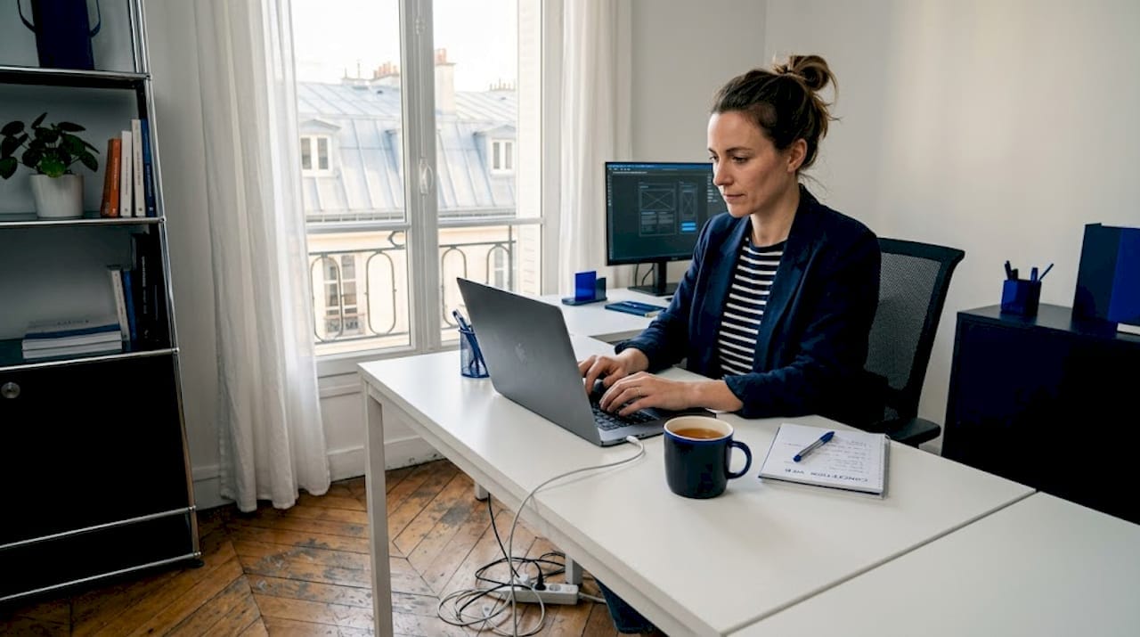 Une entrepreneure gère son activité depuis son ordinateur au sein dune PME numérique