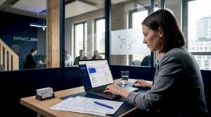 Une femme analyse les statistiques de son site web installée à un bureau partagé