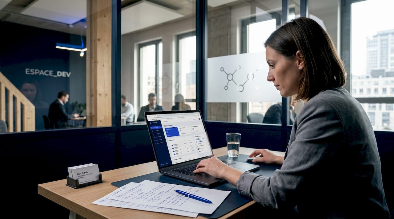 Une femme analyse les statistiques de son site web installée à un bureau partagé.