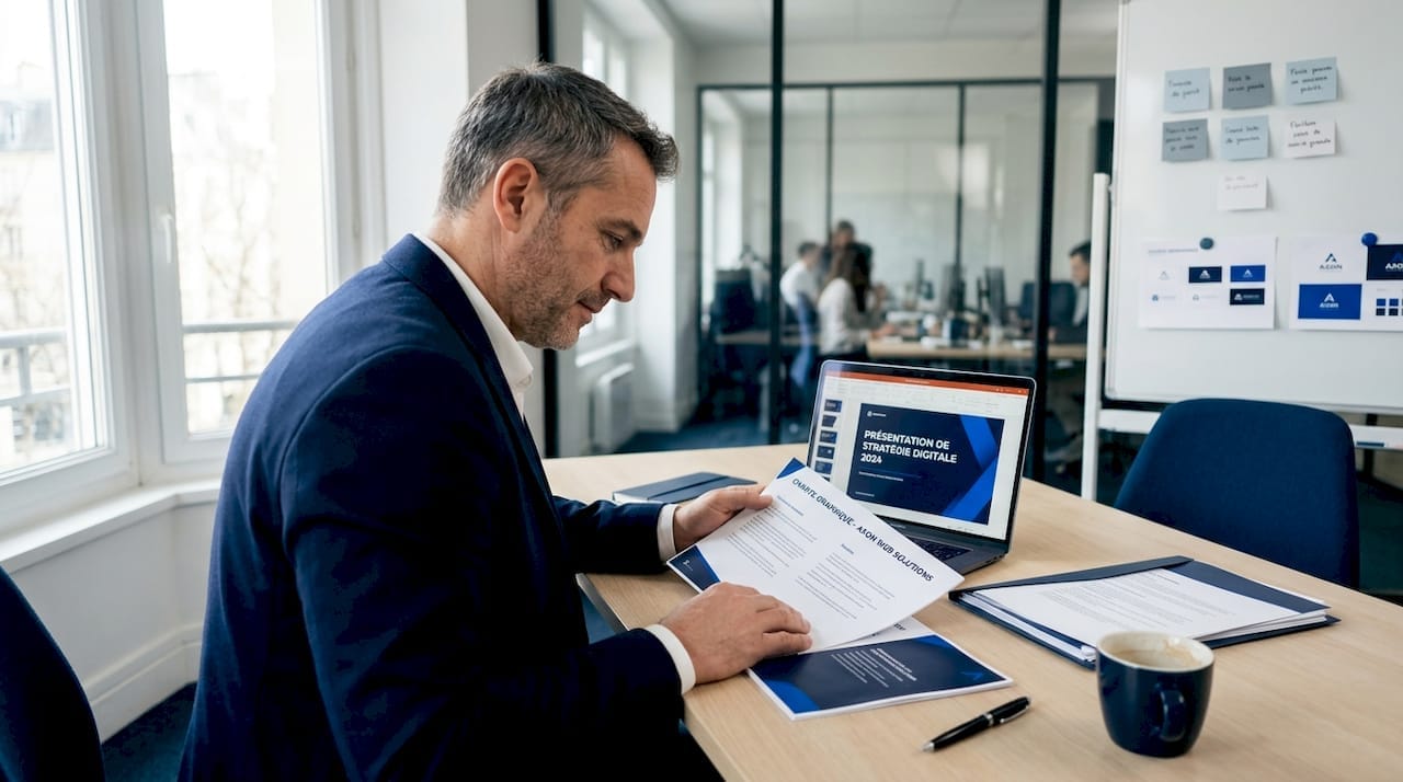 Un chef d’entreprise de PME passe en revue la charte graphique dans son bureau.