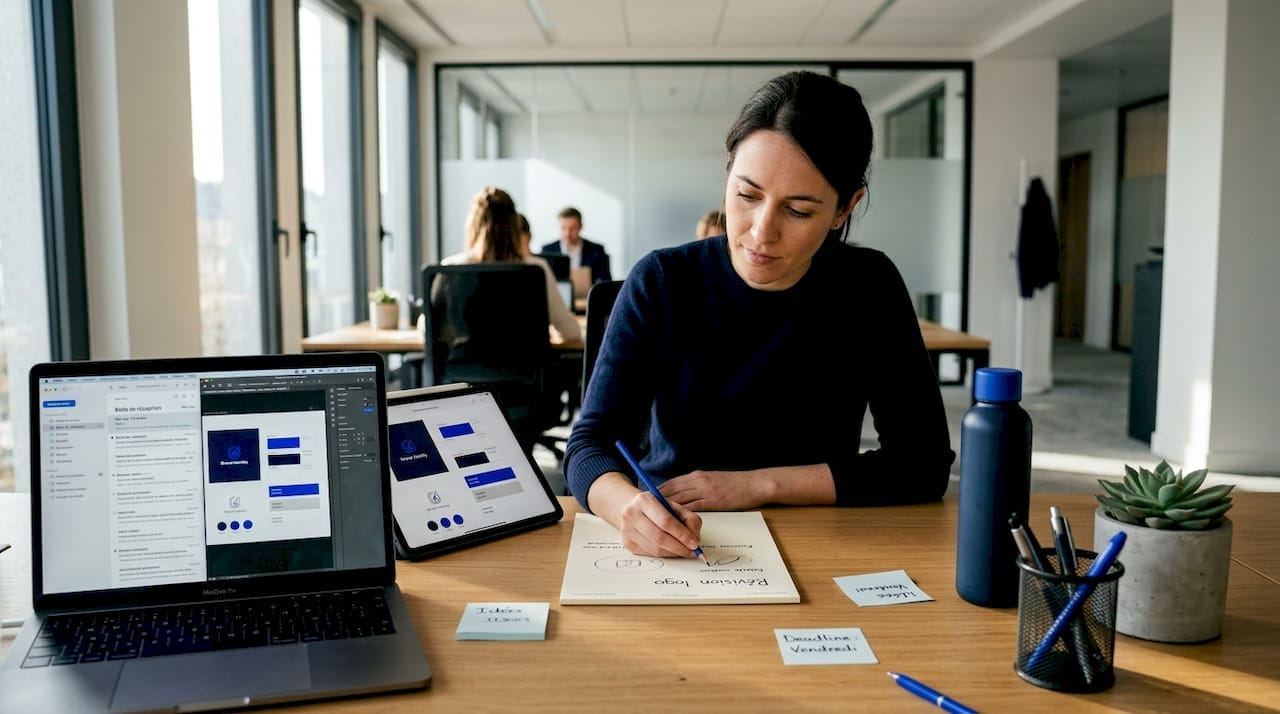 Un graphiste esquisse des idées de logos, installé à son bureau baigné de lumière.