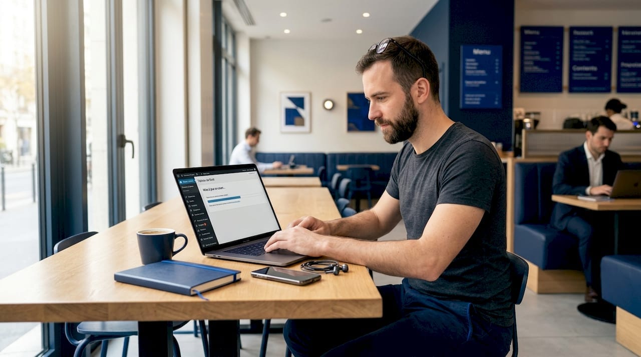 Un homme travaille sur la mise à jour de son site WordPress installé avec son ordinateur portable sur la table de la cuisine