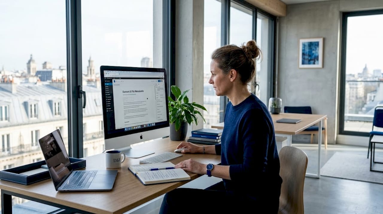 1778883035135Smallbusinessownerworkingonwebsiteinoffice ITPascaud Un entrepreneur développe son site internet depuis son bureau