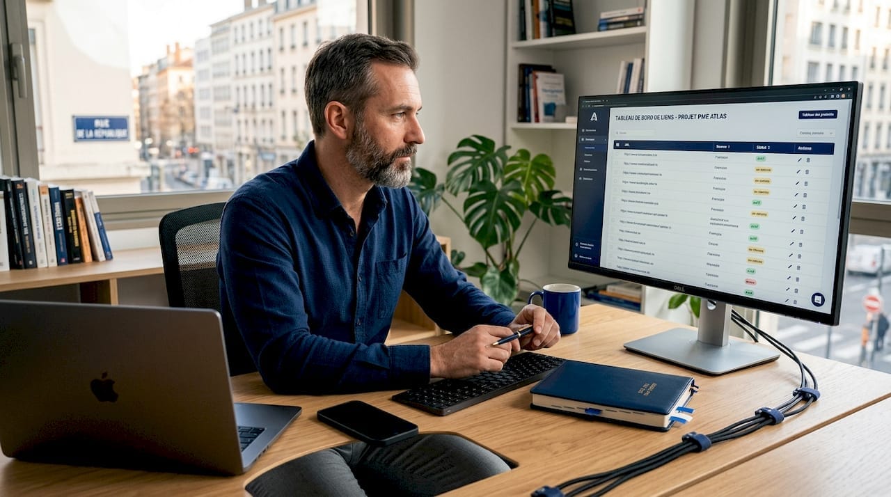 Un dirigeant dentreprise concentré sur sa stratégie de netlinking installé à son bureau