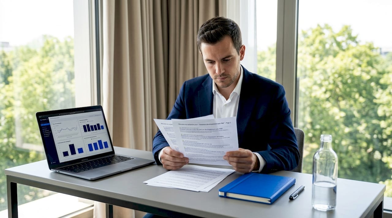 Un entrepreneur analyse des résultats de recherche sur son ordinateur installé dans son bureau à domicile